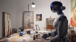 3d illustration of artist robot creating masterpiece in workshop .