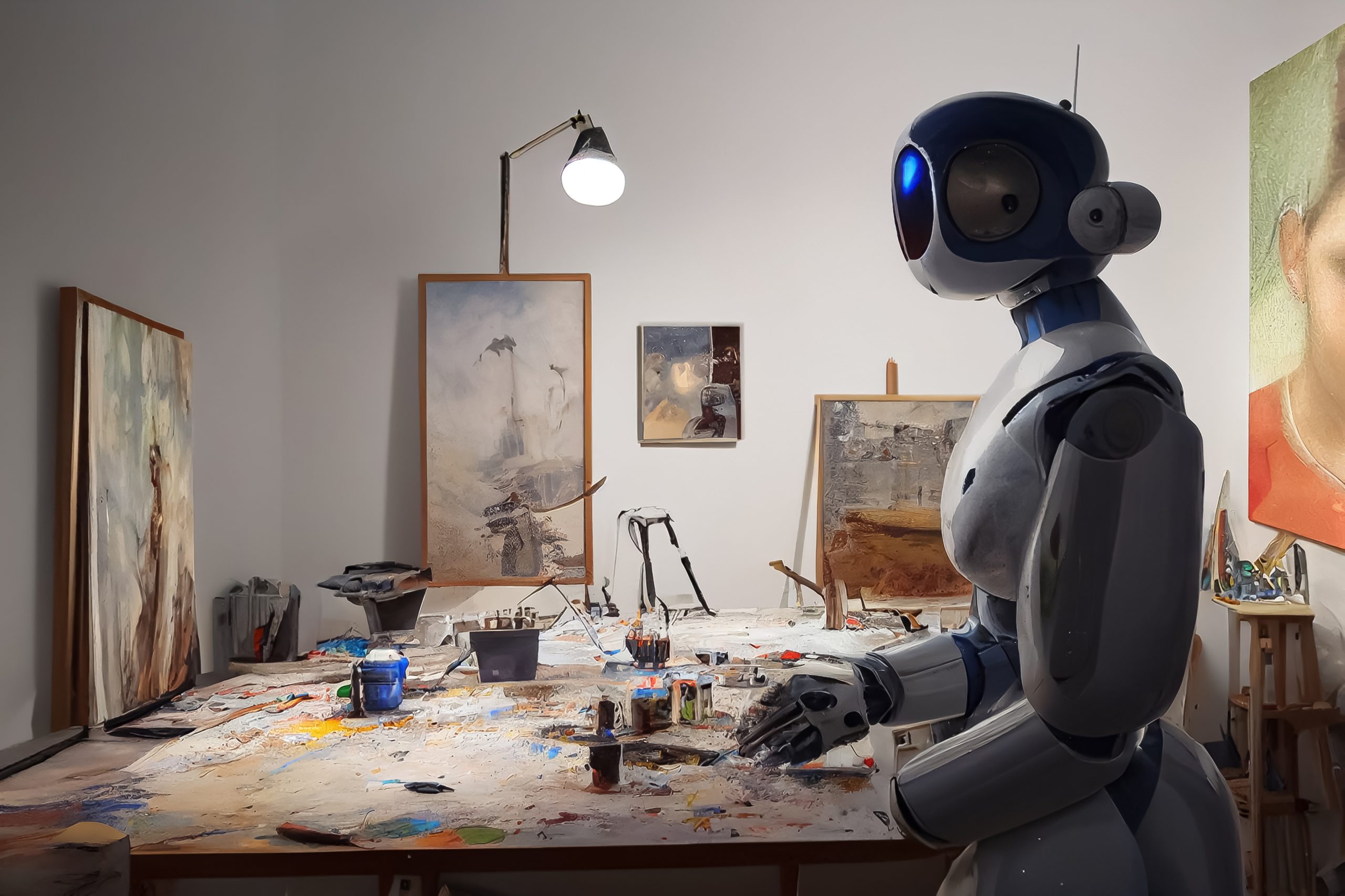 3d illustration of artist robot creating masterpiece in workshop .